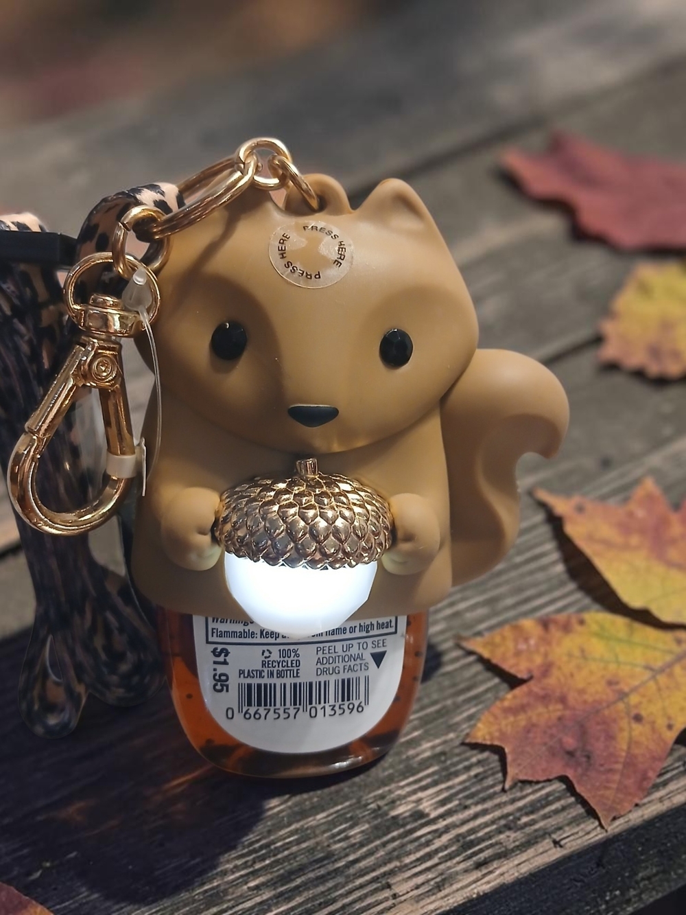 Squirrel Hand Sanitizer Holder Keychain with Gold Acorn - Brown